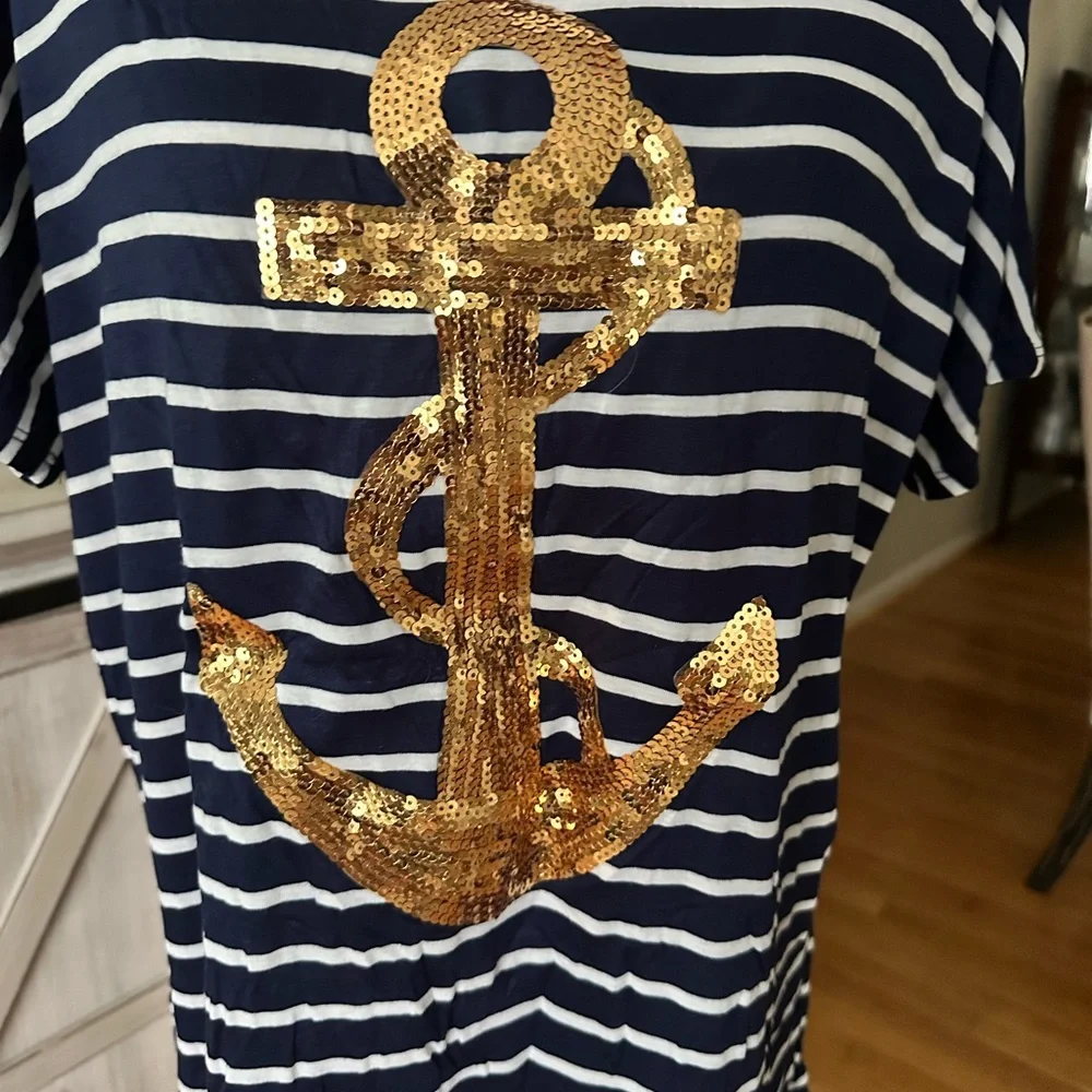 Free Kisses Nautical Striped Sequin Anchor Top - Navy and Gold Size 1X New! - Picture 2 of 4